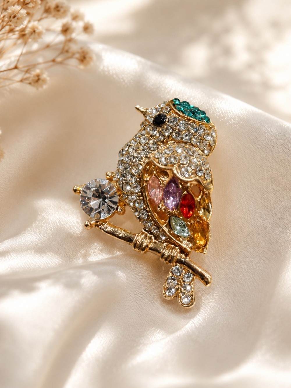Colorful Crystal Owl Bird Brooch – Gold Tone Rhinestone Lapel Pin, Vintage Style - Picture 2 of 3